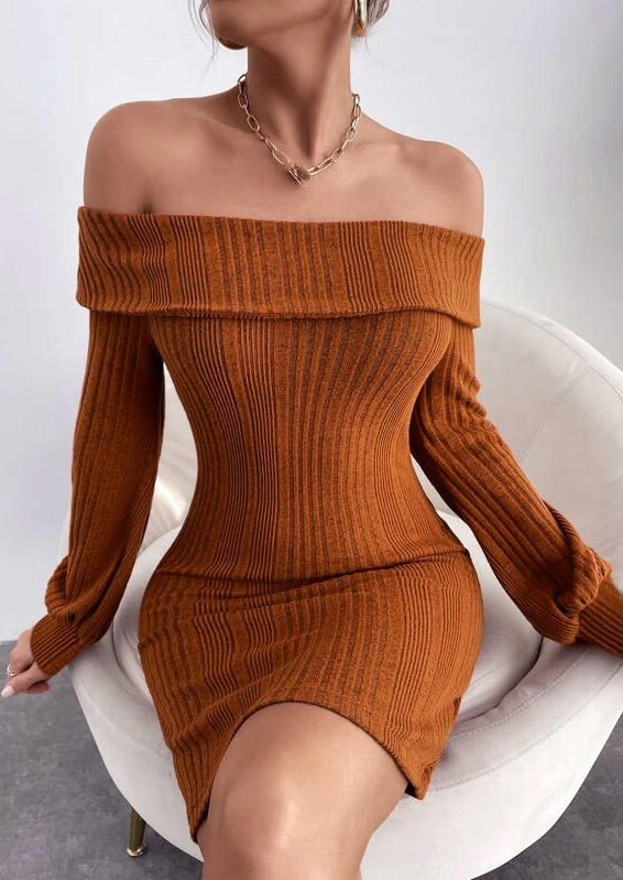 

Off Shoulder Sweater Bodycon Dress - Brown, SCM006409