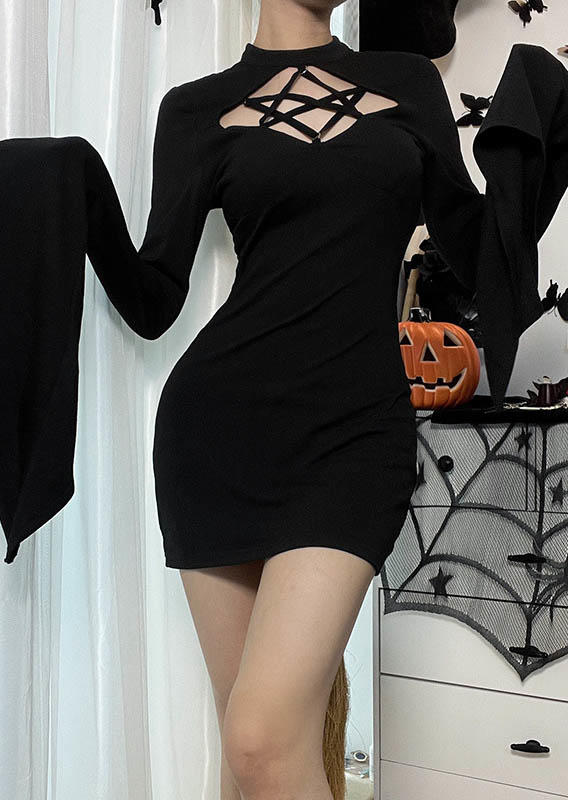 

Halloween Criss-Cross Batwing Sleeve Mini Dress - Black, SCM006510