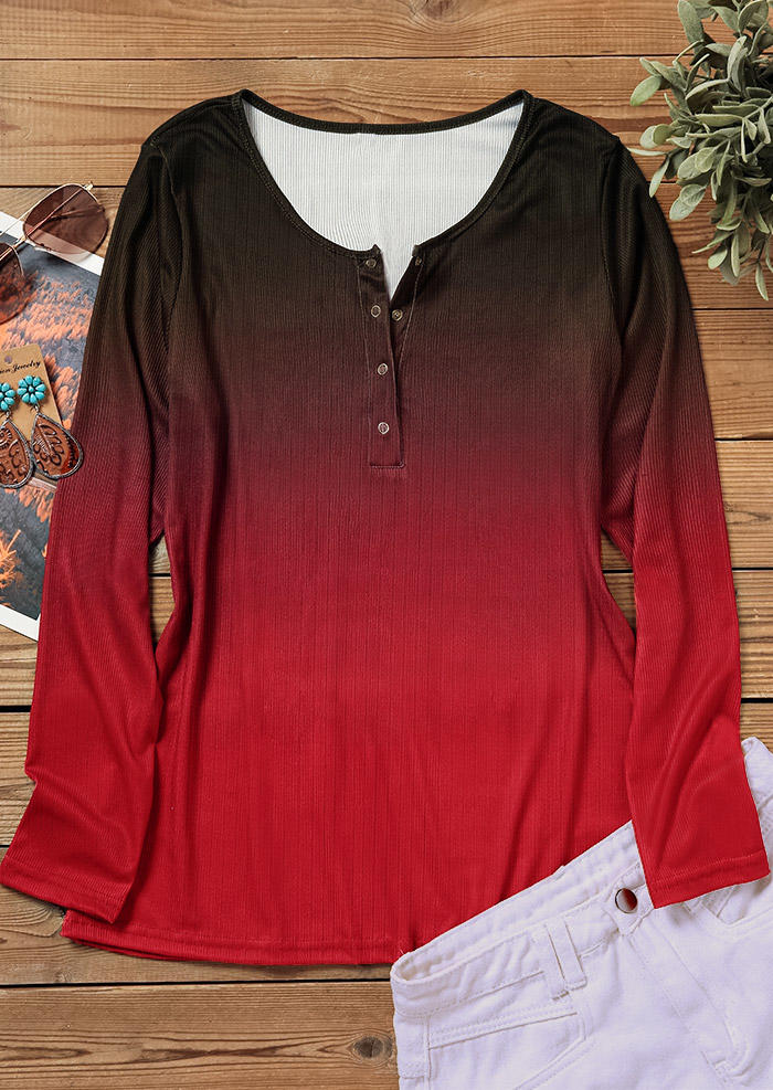Gradient Snap Button Long Sleeve Blouse - Red