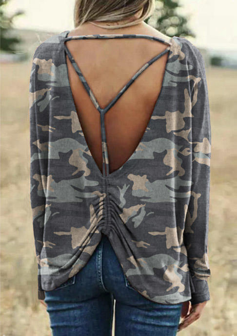 Camouflage Open Back Long Sleeve Blouse