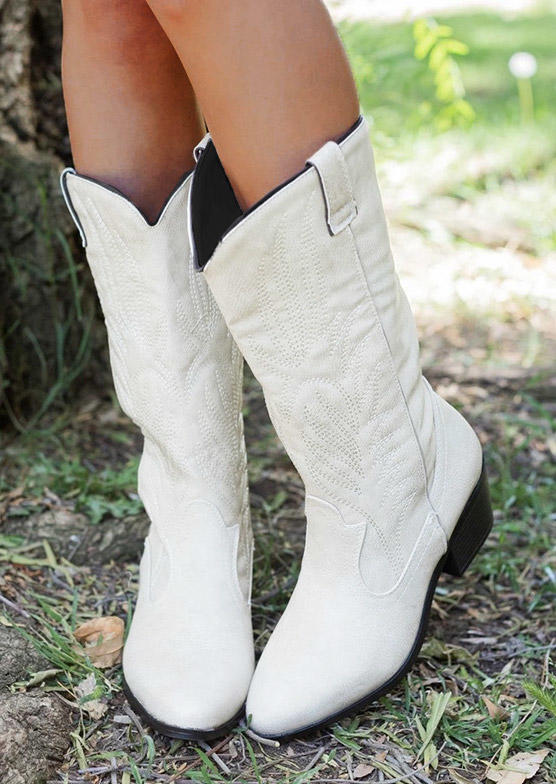 

Ethnic Western Cowgirl Mid-Calf Boots - White, SCM006554