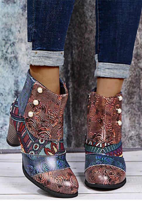 

Floral Zipper PU Leather Round Toe Heeled Boots, Multicolor, SCM006555