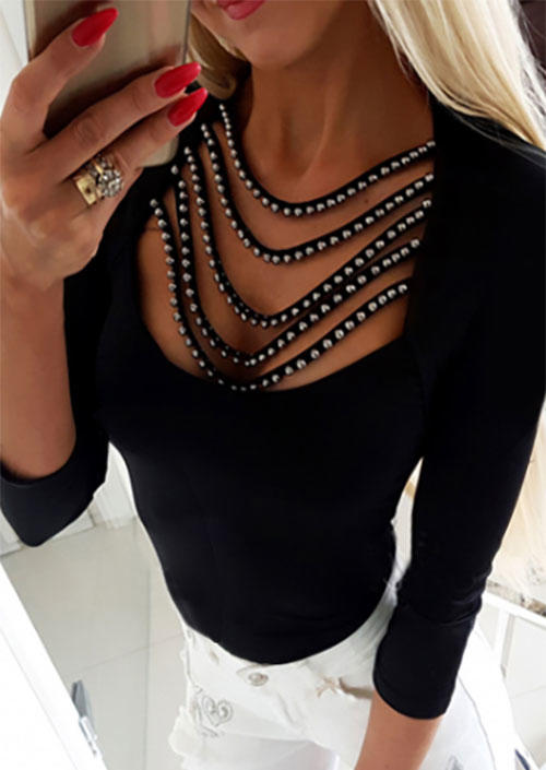 

Hollow Out Long Sleeve Blouse - Black, SCM006612