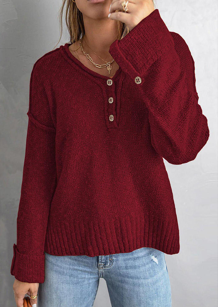 

Button Drop Shoulder Knitted Sweater - Burgundy, Red, SCM005689