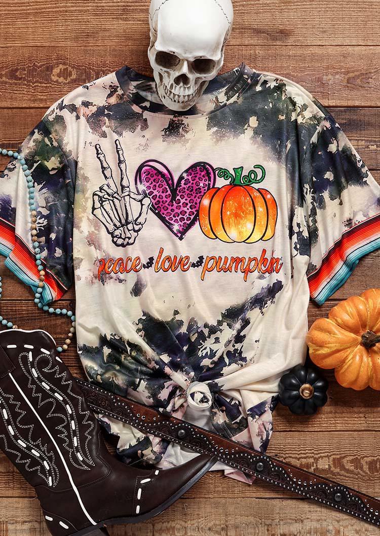 

Peace Love Pumpkin Skeleton Hand Leopard Heart Bleached T-Shirt Tee, Multicolor, SCM006157