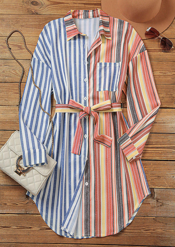 Colorful Striped Pocket Mini Dress with Belt