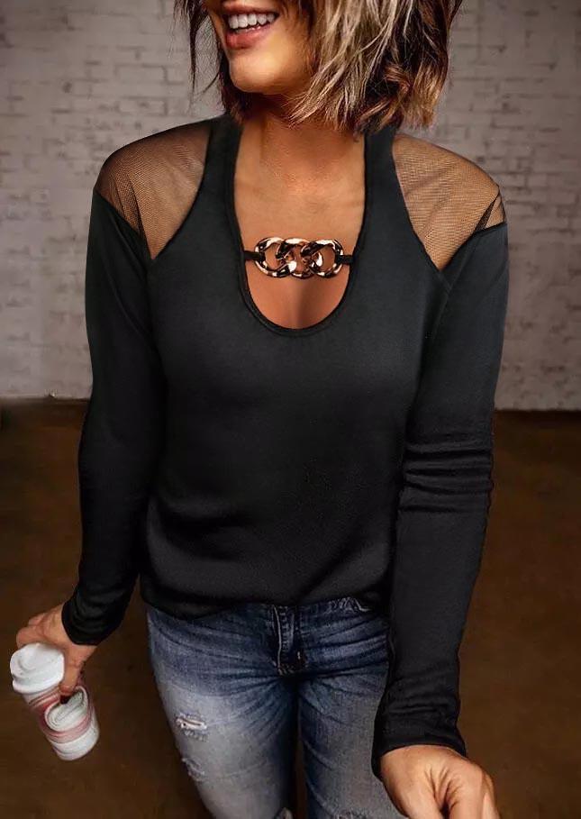 

Mesh Splicing Hollow Out Metal Chain Blouse - Black, SCM006233