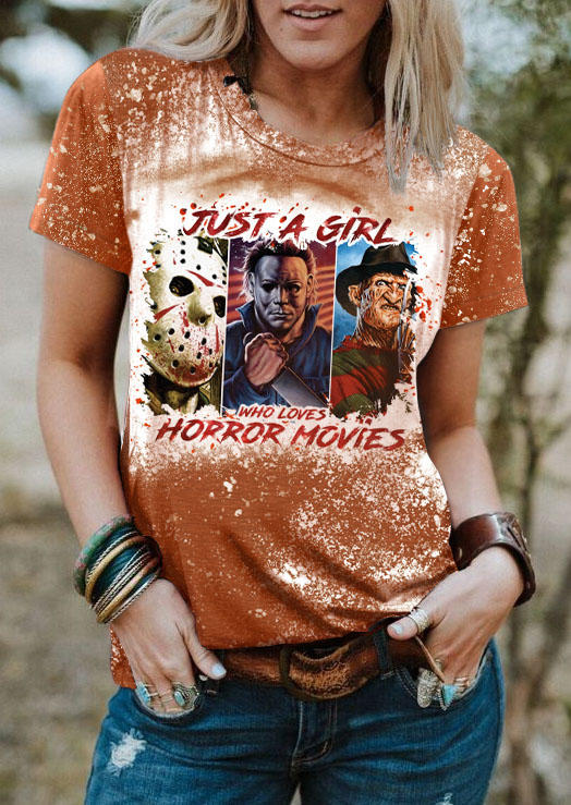

Halloween Just A Girl Who Loves Horror Movies Bleached T-Shirt Tee - Orange, SCM006282