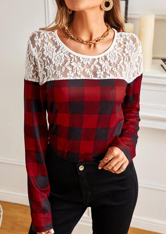 

Buffalo Plaid Lace Splicing Long Sleeve Blouse - Red, SCM006319