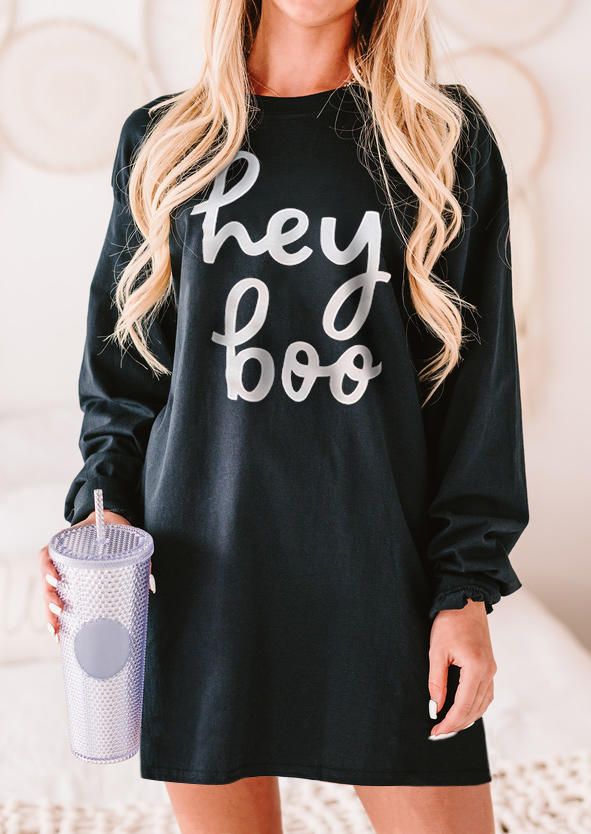 Hey Boo Long Sleeve Sweatshirt Mini Dress - Black