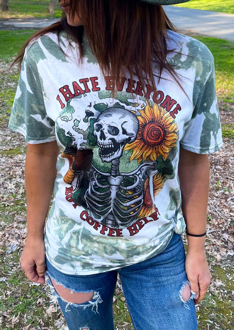 Halloween I Hate Everyone But Coffee Helps Skeleton Sunflower T-Shirt Tee