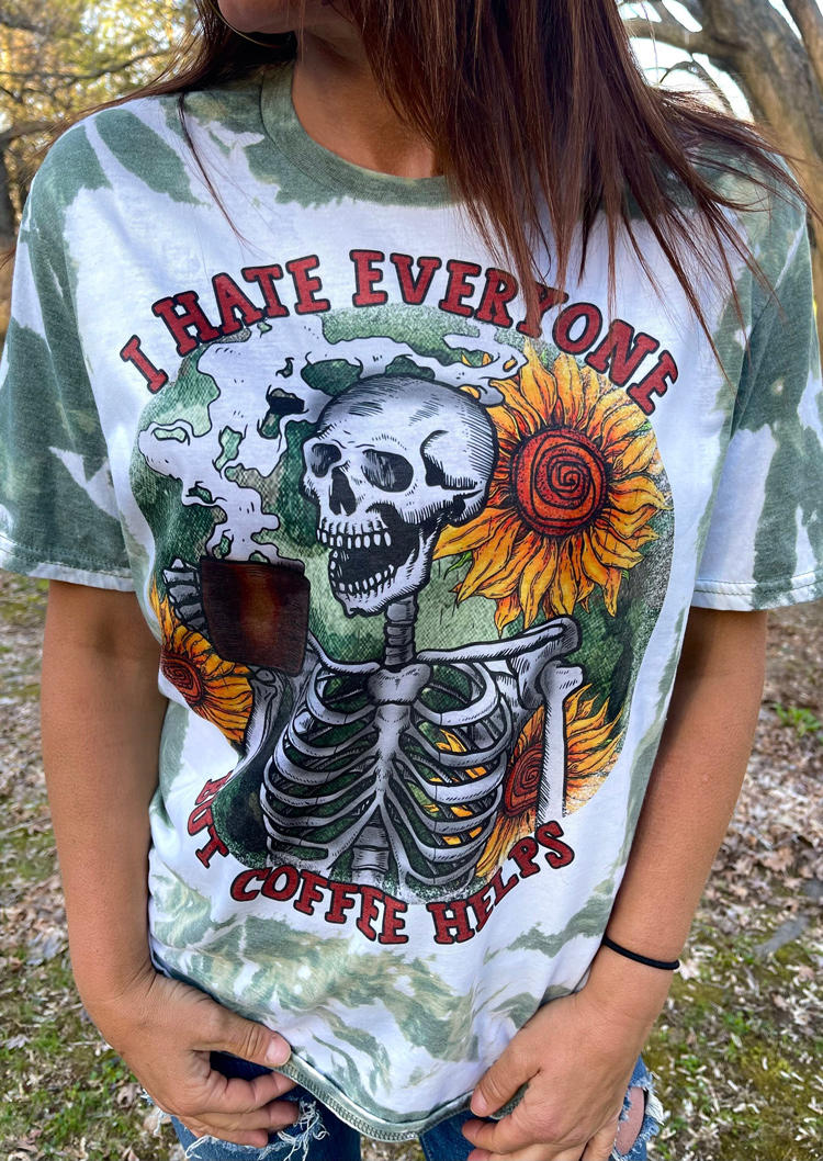 

Halloween I Hate Everyone But Coffee Helps Skeleton Sunflower T-Shirt Tee, Multicolor, SCM006361