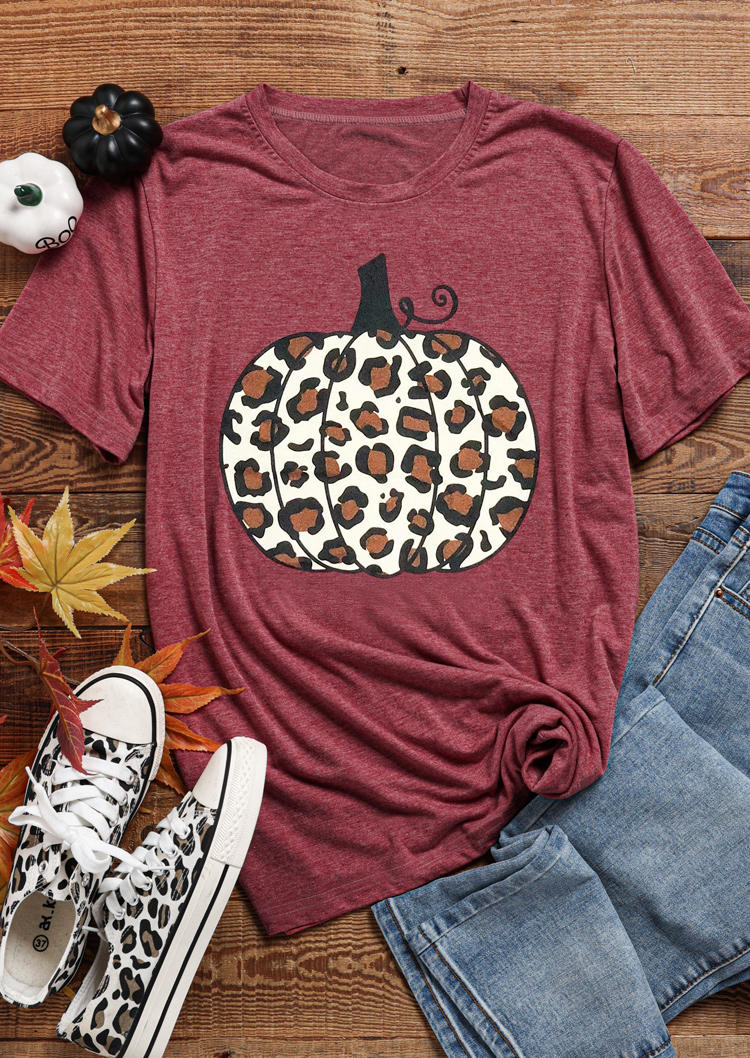 Leopard Pumpkin O-Neck T-Shirt Tee - Red