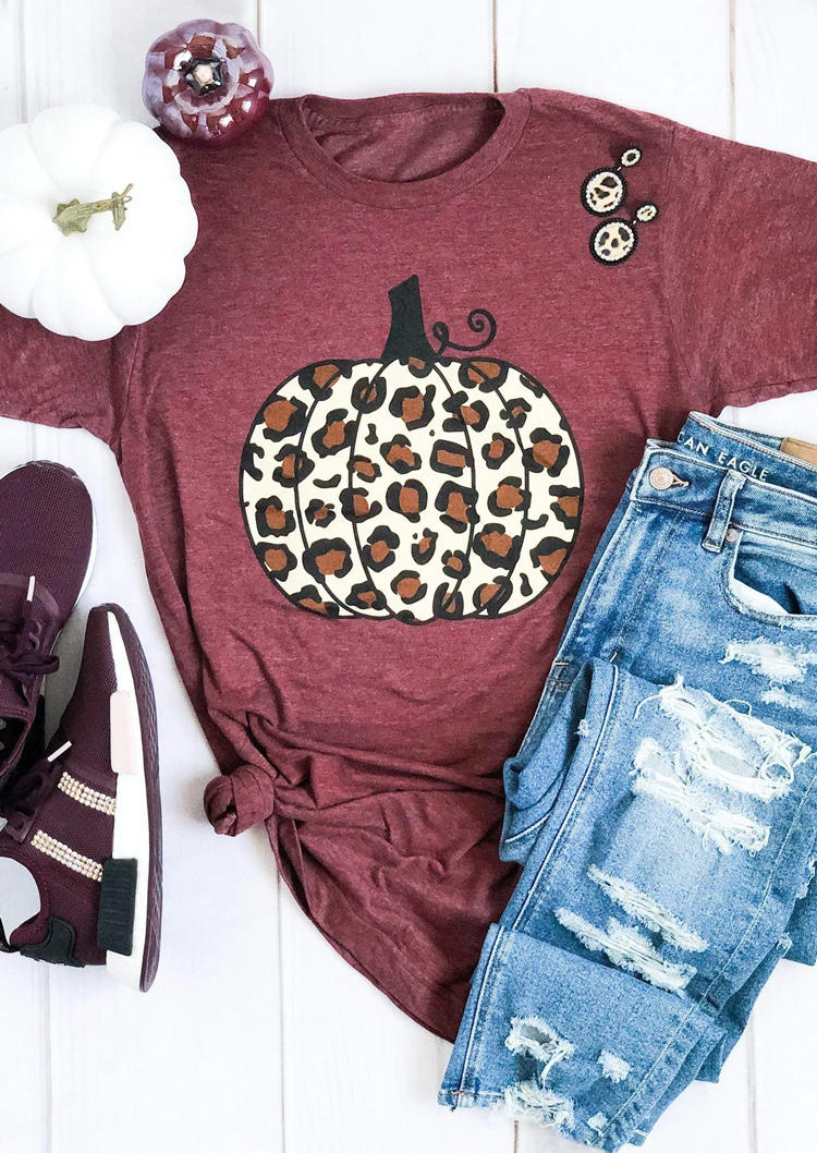 

Leopard Pumpkin O-Neck T-Shirt Tee - Red, SCM006366