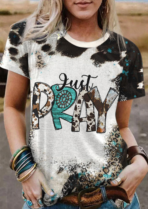 Just Pray Cow Leopard Turquoise T-Shirt Tee