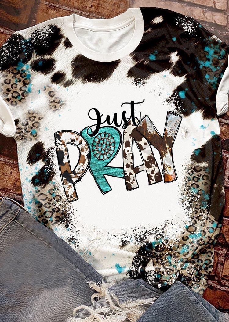 

Just Pray Cow Leopard Turquoise T-Shirt Tee, Multicolor, SCM006368