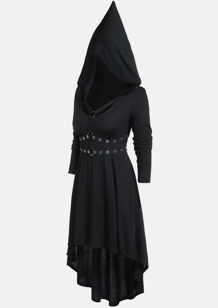 Halloween Hollow Out High Low Hem Hooded Midi Dress - Black