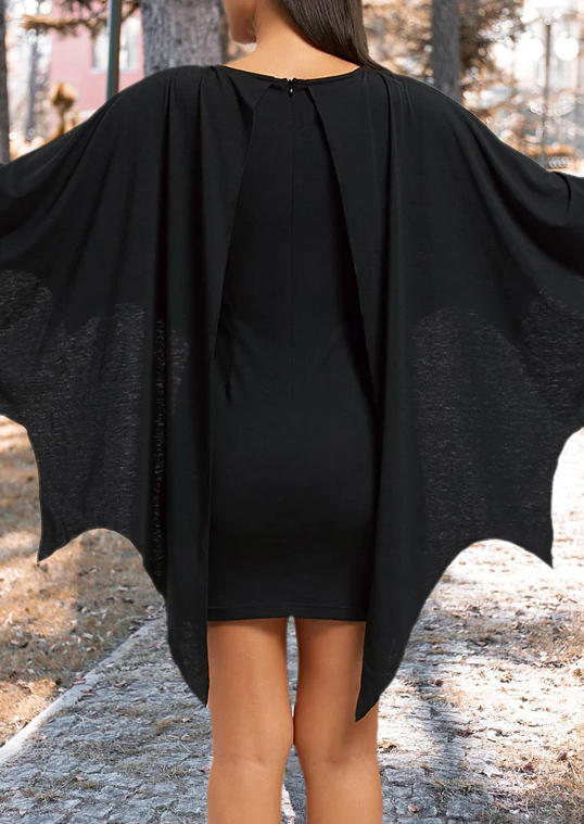Halloween Long Sleeve O-Neck Mini Dress - Black