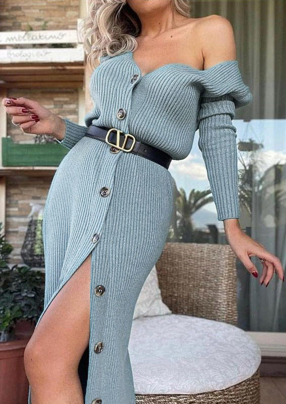 Button Long Sleeve V-Neck Maxi Dress without Belt - Blue