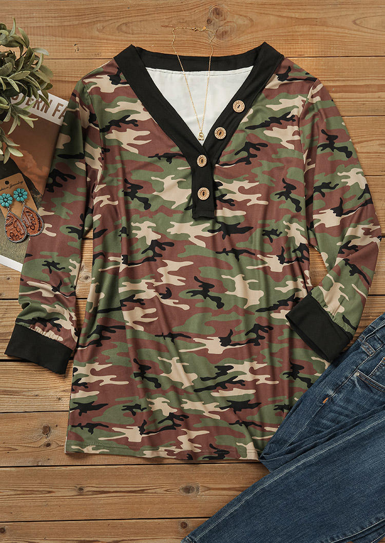 Camouflage Button Long Sleeve V-Neck Blouse