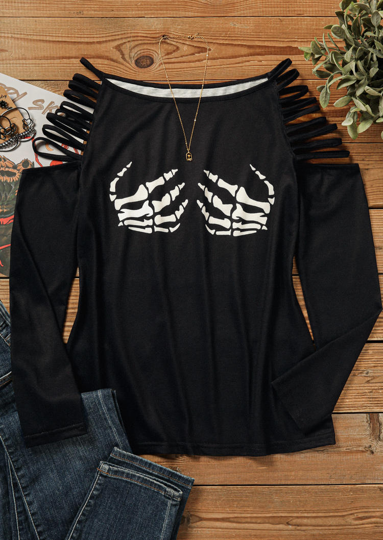 Halloween Skeleton Hand Hollow Out Blouse - Black