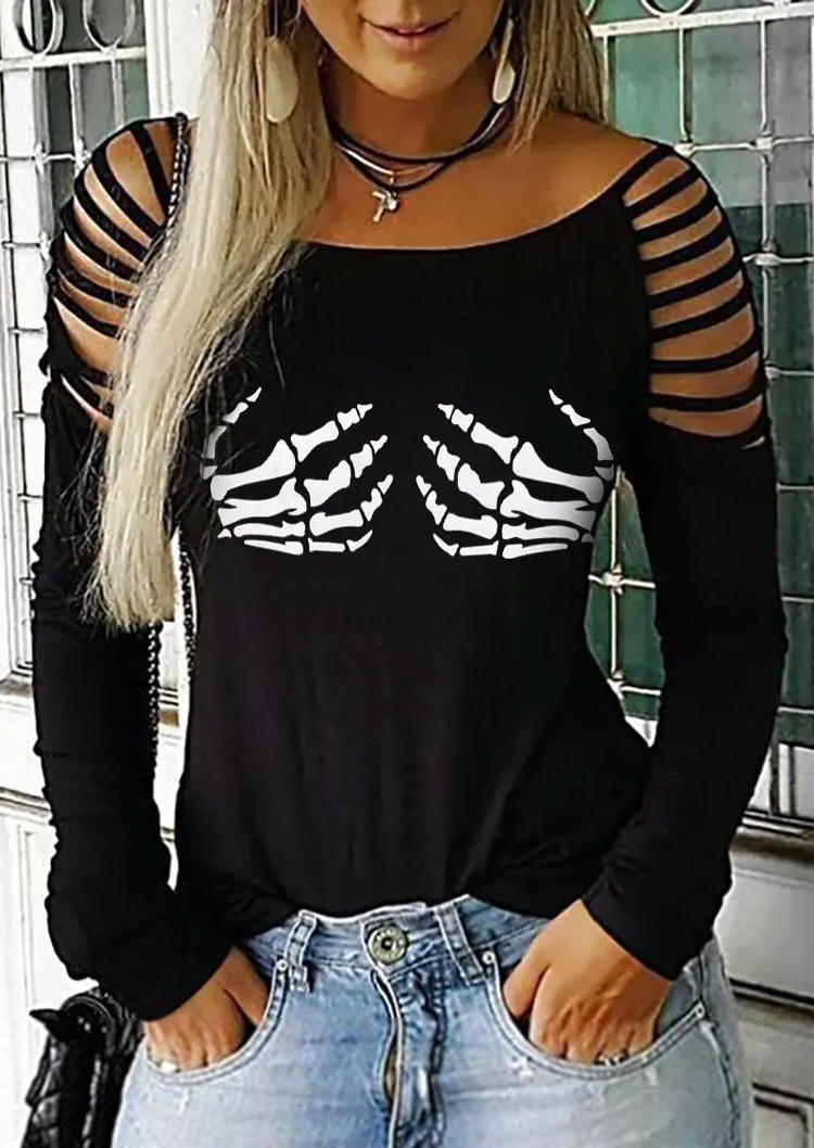 

Halloween Skeleton Hand Hollow Out Blouse - Black, SCM006479