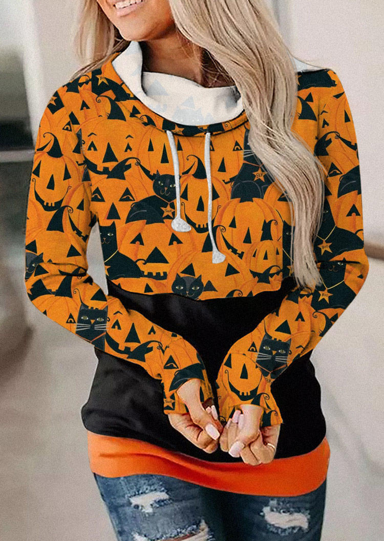 

Halloween Color Block Pumpkin Face Cat Thumbhole Hoodie, Multicolor, SCM006497