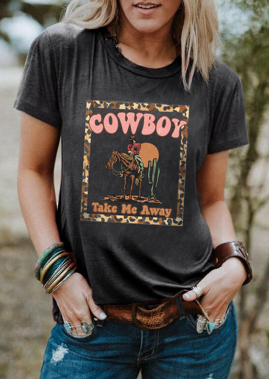 

Cowboy Take Me Away Leopard Cactus Horse T-Shirt Tee - Dark Grey, Gray, SCM006522