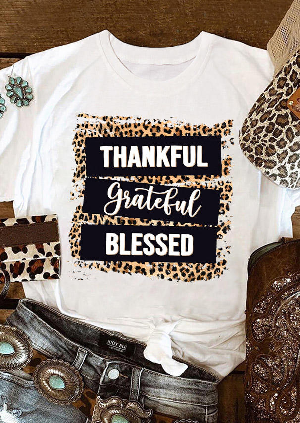 

Thankful Grateful Blessed Leopard T-Shirt Tee - White, SCM006525