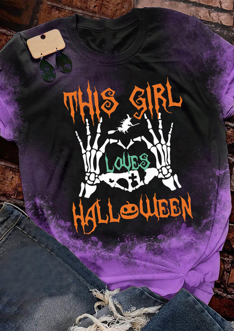 

This Girl Loves Halloween Pumpkin Face Skeleton Hand T-Shirt Tee, Multicolor, SCM006550