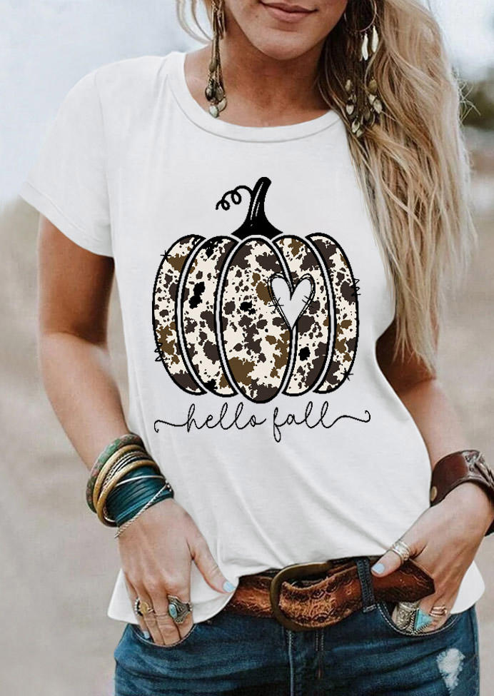 Hello Fall Pumpkin Cow Heart T-Shirt Tee - White