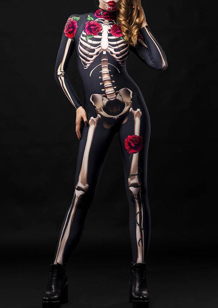 Halloween Skeleton Rose Jumpsuit - Black
