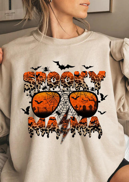 

Halloween Spooky Mama Bat Glasses Leopard Sweatshirt - Apricot, SCM006657