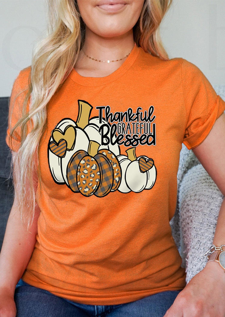 Thankful Grateful Blessed Pumpkin T-Shirt Tee - Orange