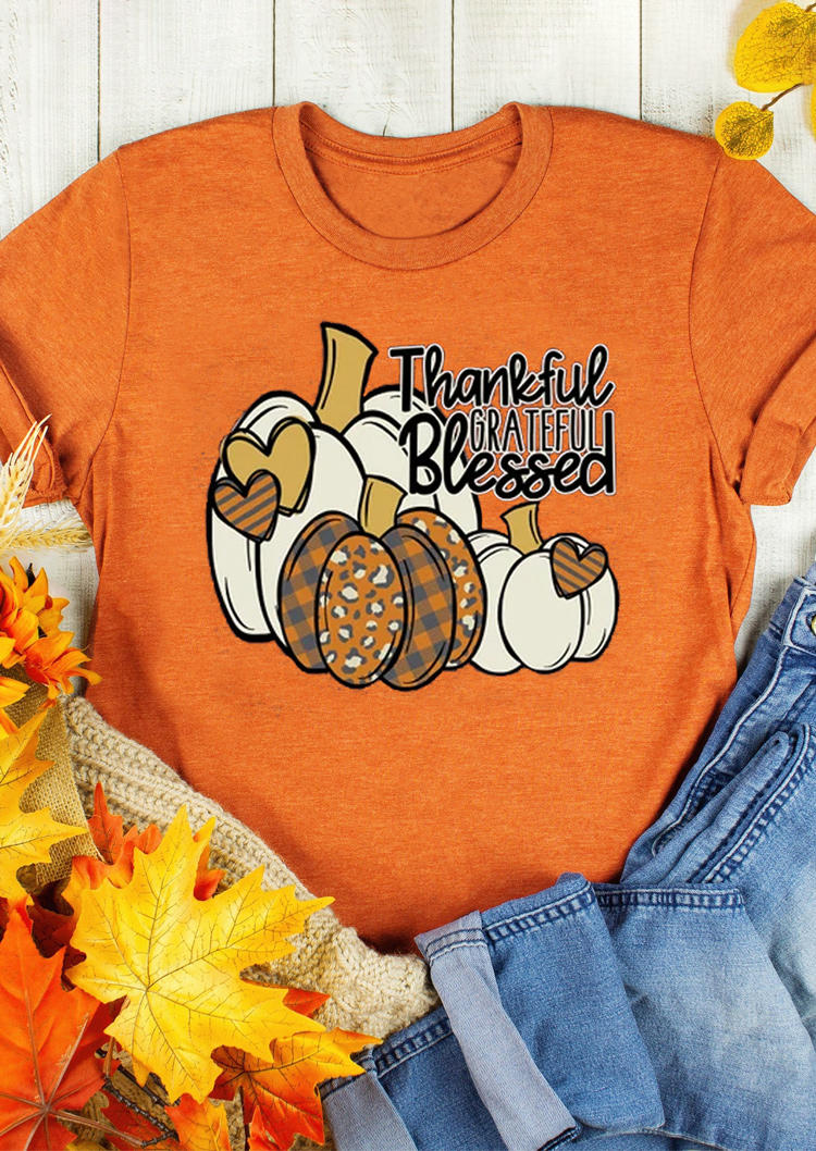 

Thankful Grateful Blessed Pumpkin T-Shirt Tee - Orange, SCM006658