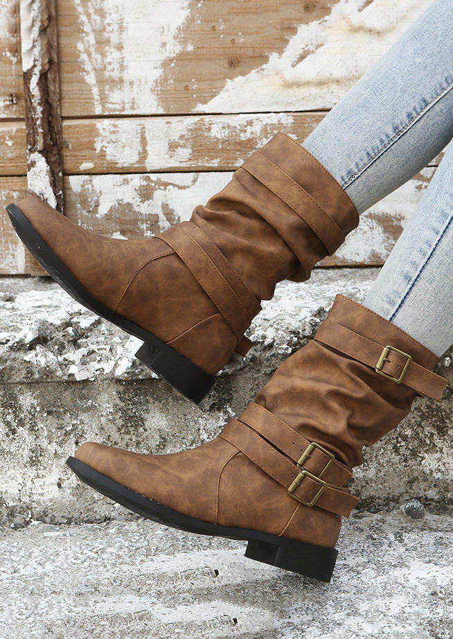 Buckle Strap Round Toe PU Leather Mid-Calf Boots - Brown