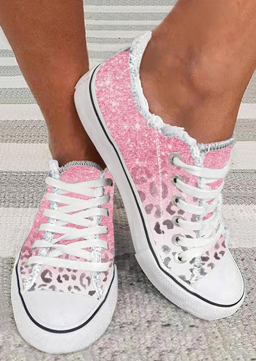Gradient Glitter Leopard Lace Up Flat Sneakers
