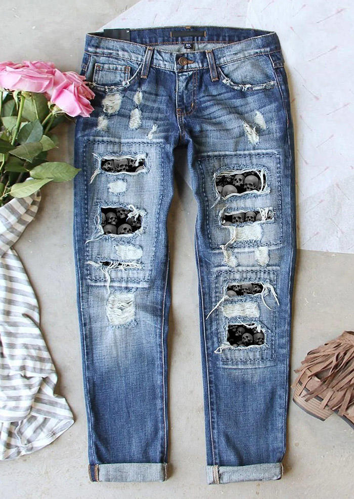 

Skull Ripped Pocket Denim Pants - Blue, SCM006890