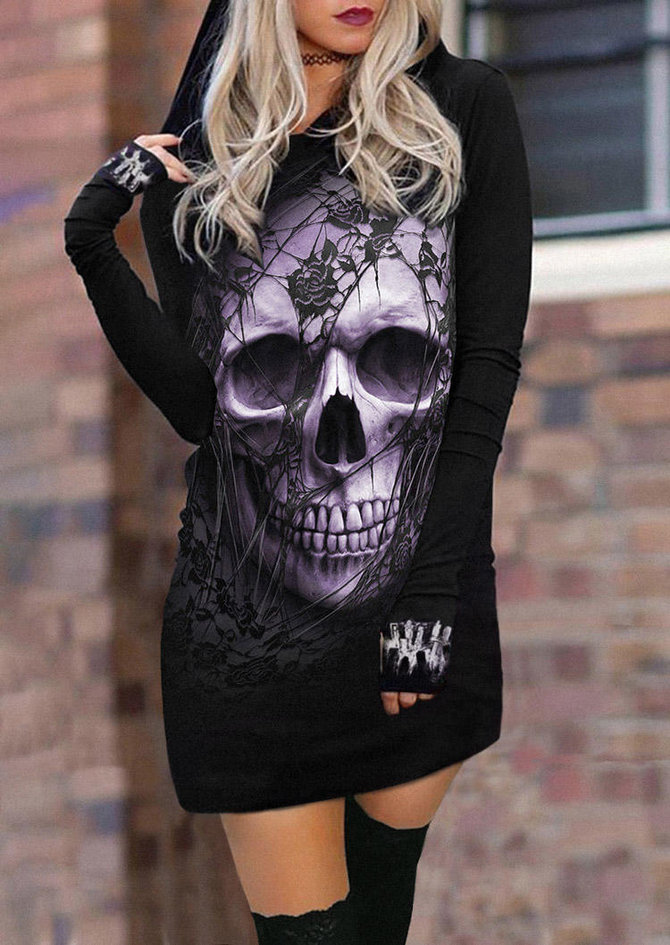 

Halloween Skull Rose Hooded Mini Dress - Black, SCM006931