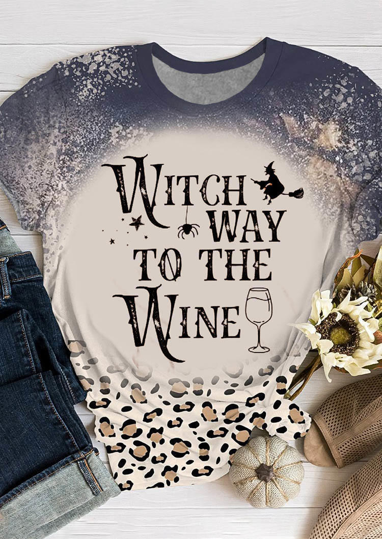 

Halloween Witch Way To The Wine Leopard Bleached T-Shirt Tee, Multicolor, SCM006159