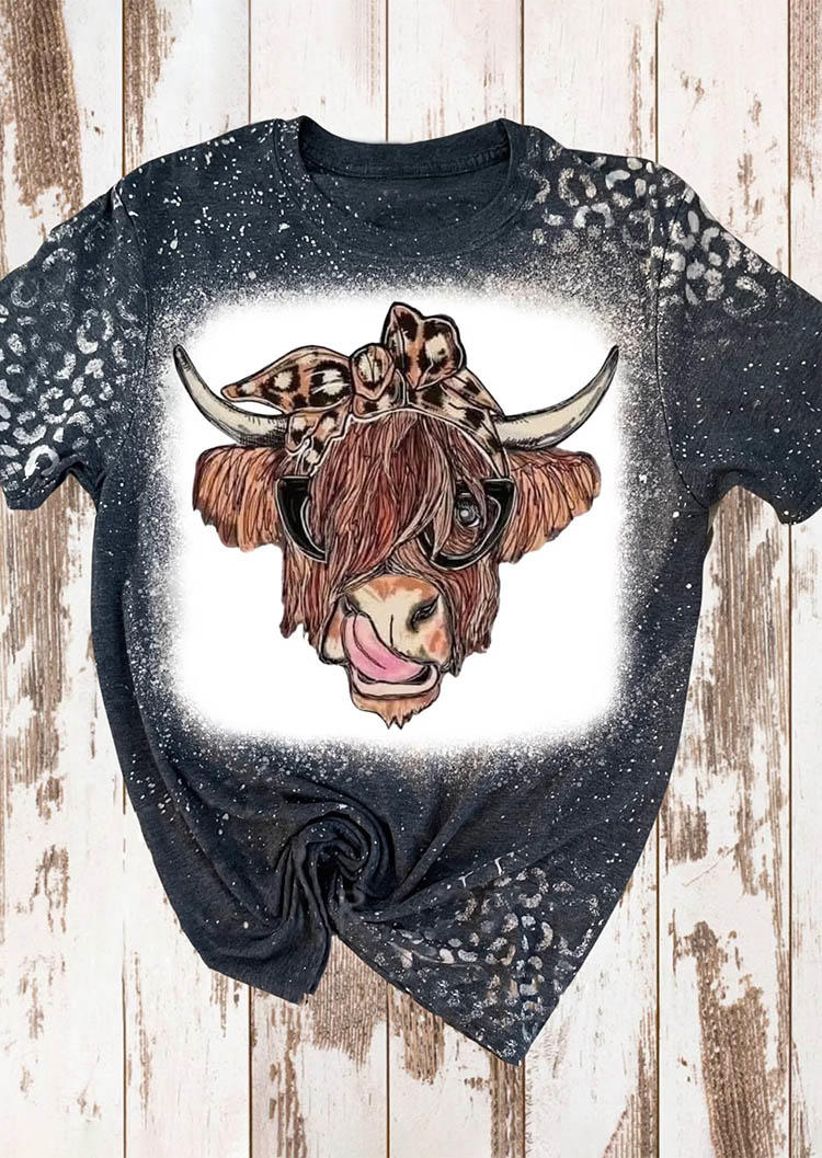 

Leopard Highland Cattle Bleached T-Shirt Tee - Black, SCM006225