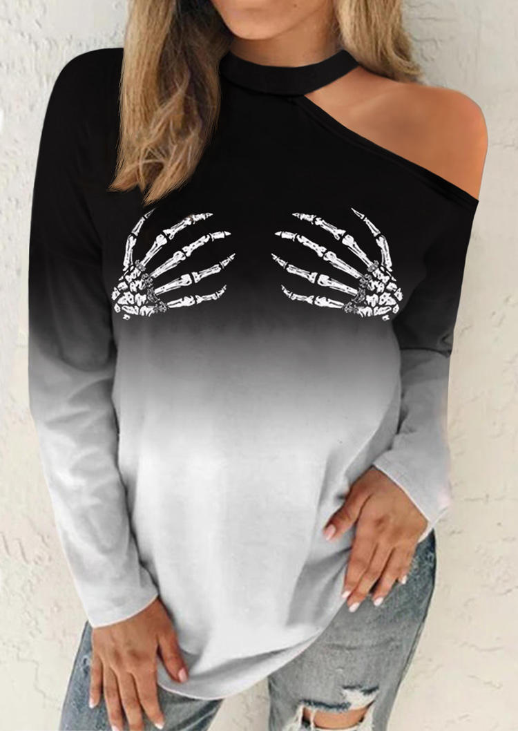 

Gradient Skeleton Hand O-Neck Blouse - Black, SCM006237