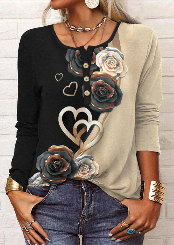 

Floral Heart Button Color Block Blouse, Multicolor, SCM006240
