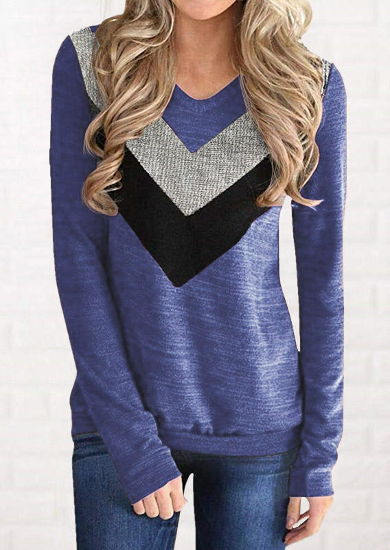 

Color Block Glitter Long Sleeve Blouse - Blue, SCM006251