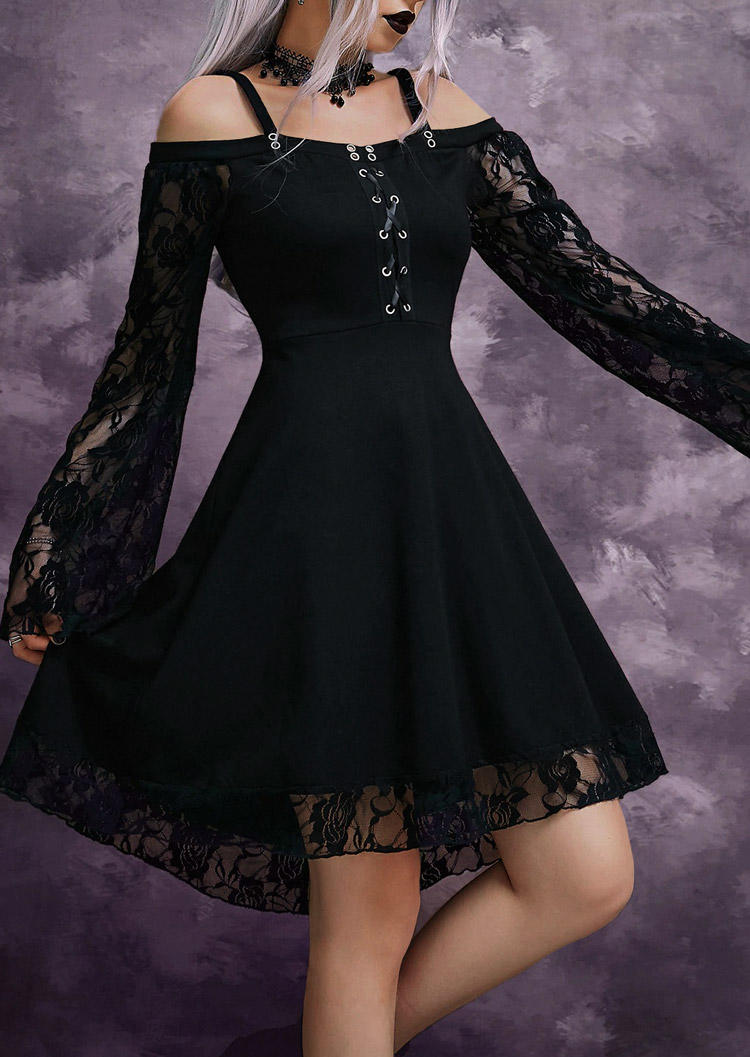 Halloween Lace Splicing Criss-Cross Cold Shoulder Mini Dress - Black