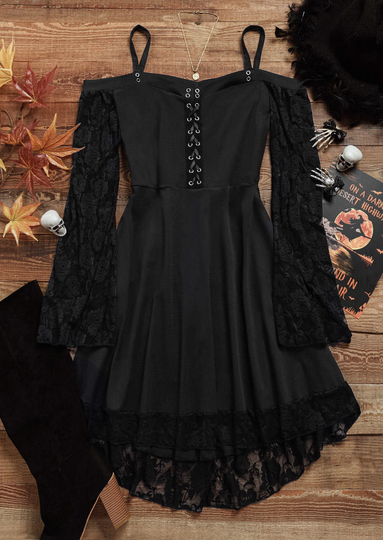 Halloween Lace Splicing Criss-Cross Cold Shoulder Mini Dress - Black