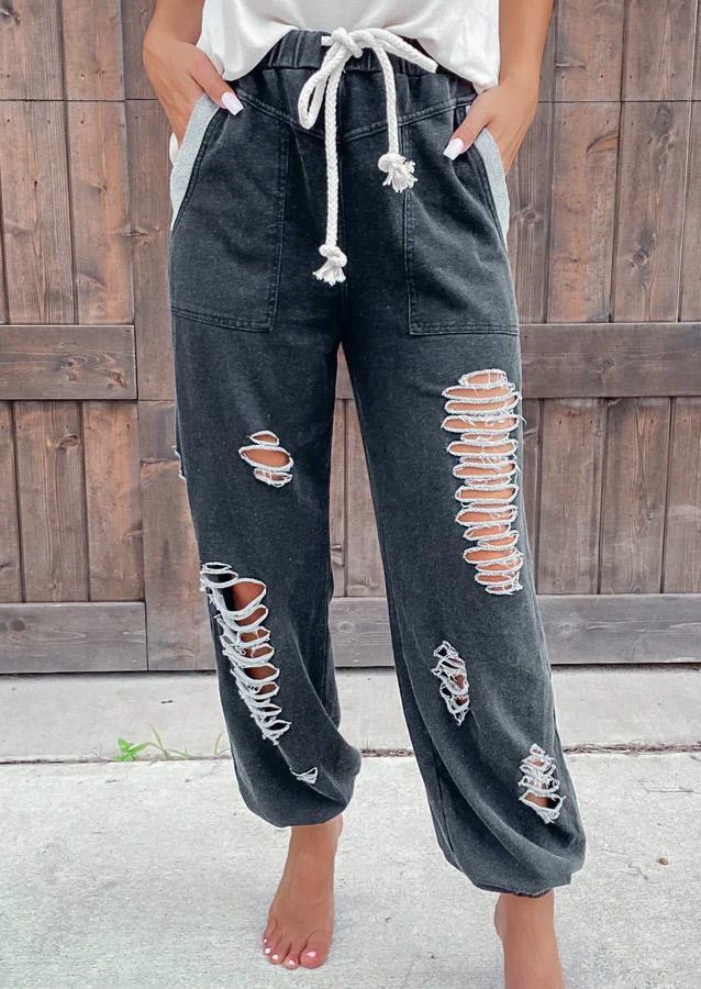 

Cut Out Drawstring Pocket Distressed Pants - Dark Grey, Gray, SCM006441
