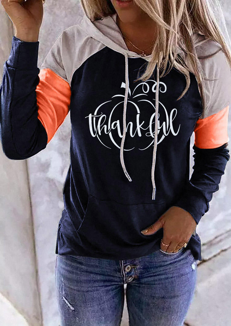 

Thankful Pumpkin Color Block Kangaroo Pocket Hoodie - Blue, SCM006524