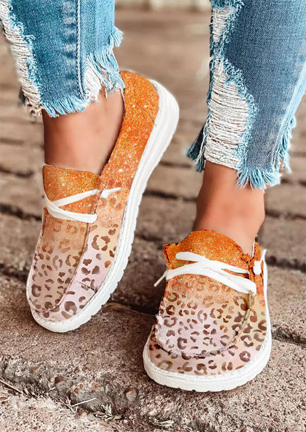 Gradient Leopard Round Toe Flat Sneakers