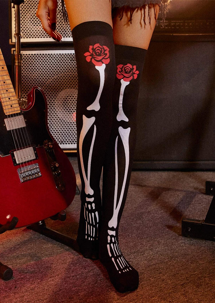 

Halloween Floral Skeleton Knee-High Socks - Black, SCM006557